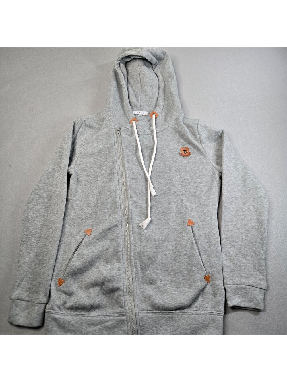 BeLuyi Hoodie Womens Sz M Gray Asymmetrical Side Zip Fleece Jacket Anchor Patch - Picture 1 of 9